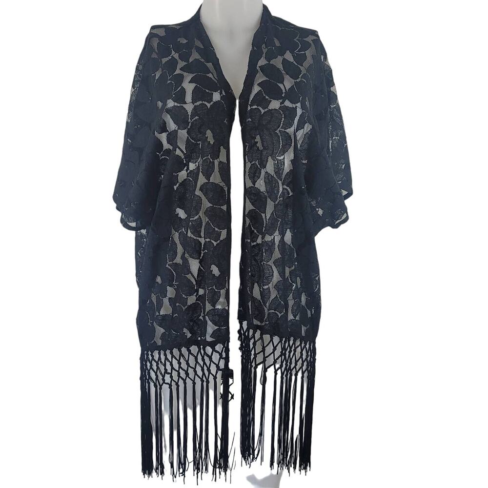Torrid Black Sheer LeafDesign Fringe Botton Hem Cardigan 00/M-L